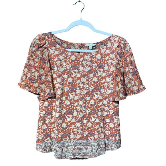 Lucky Brand Mixed Media Flutter Sleeve Boat Neck Top Keyhole Back Women's Small - Picture 1 of 14
